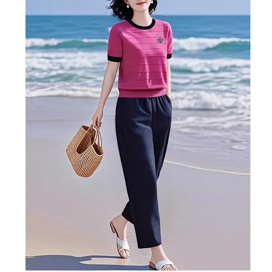 夏季时尚新款复古洋气冰丝凉爽遮肉针织衫宽松舒适休闲裤时髦套装