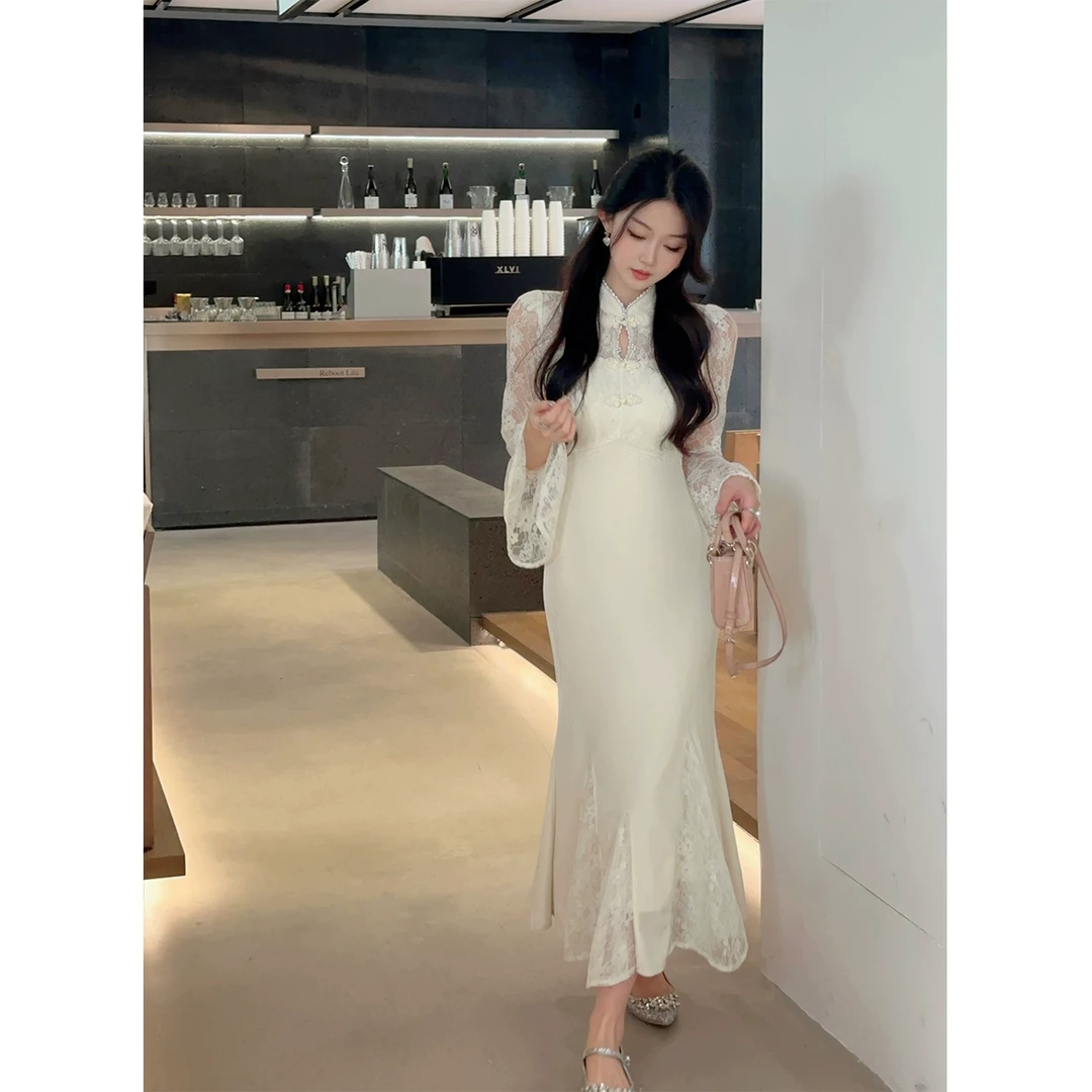 NMIOK QC清仓专场 国风白色丝绒蕾丝拼接连衣裙NML6Q097