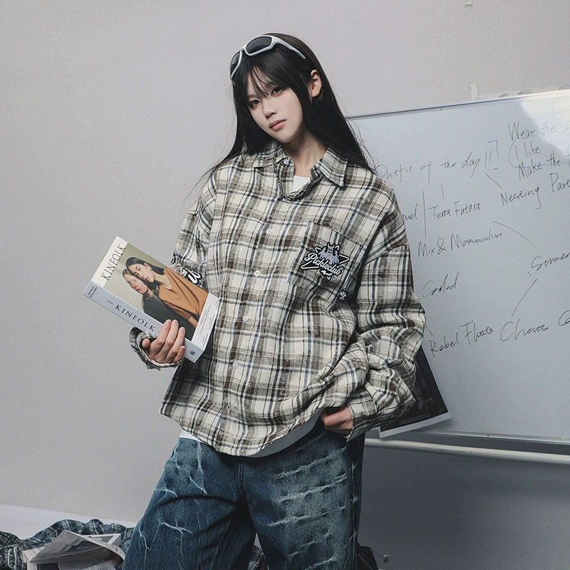 梁拌泡菜星星幽灵印花格子衬衫长袖外套情侣