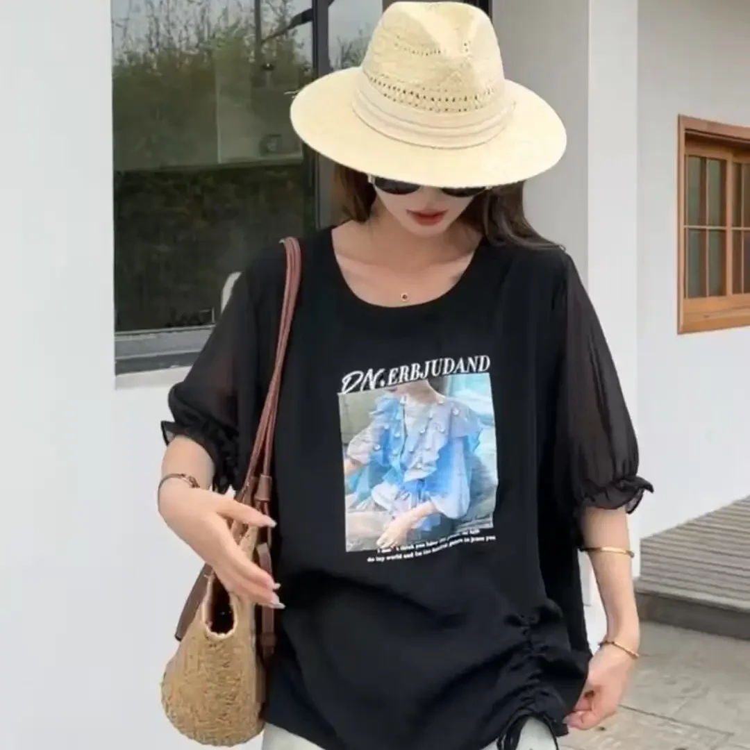 9910大版钉珠印花长袖防风纯色T恤夏季均码显瘦韩版宽松轻职风