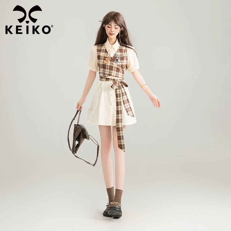 KEIKO 漂亮系带掐腰假两件式衬衫裙夏季可露丽穿搭格纹拼接连衣裙