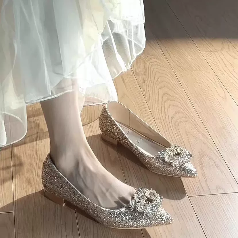 花婉婚鞋香槟色婚纱秀禾两穿绝美亮片孕妇可穿敬酒礼服平底新娘鞋