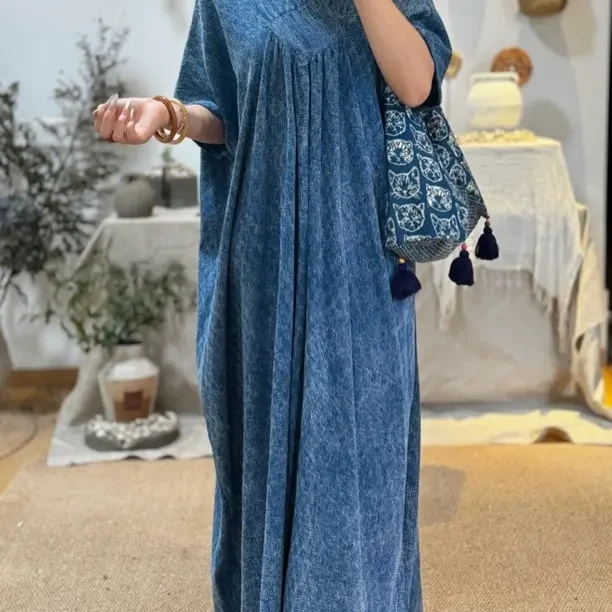 手工棉麻｜蓝染格纹圆领女神袍复古宽松长款连衣裙