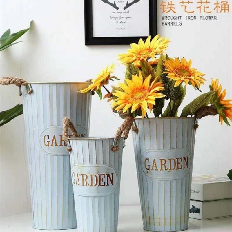 复古做旧铁皮花桶花店鲜花桶插花桶麻绳双耳装饰醒花桶美式北欧风