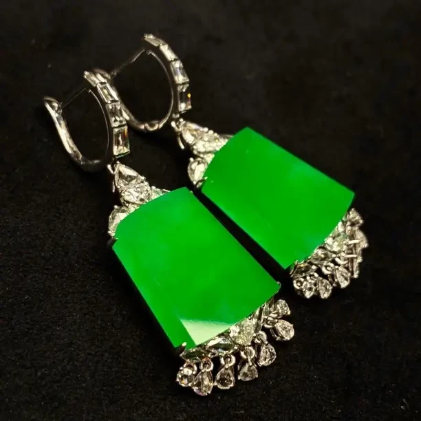 缘见翡翠珠宝 缅甸天然A货阳绿无事牌18k镶嵌耳坠时尚美观