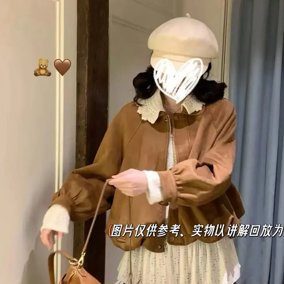 大码女装甜美少女风花边翻领麂皮花苞外套时尚百搭夹克蕾丝边打底