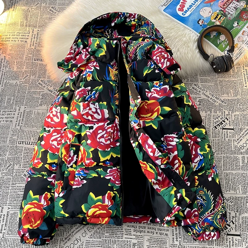 东北大花棉袄男款冬季加厚高级感面包服外套中国风情侣款连帽棉衣