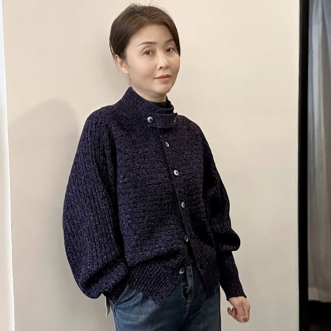 衣尚时女毛针织衫女士复古立领开衫针织衫灰色毛衣时尚