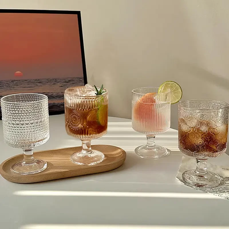 透明水杯网红玻璃杯家用饮料杯冷饮杯牛奶杯复古ins高脚鸡尾酒杯