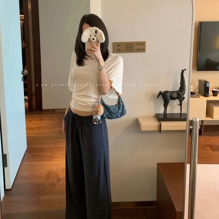 2025夏季休闲宽袖显软糯垂显瘦纯色短款T恤女夏简约时尚百搭上衣
