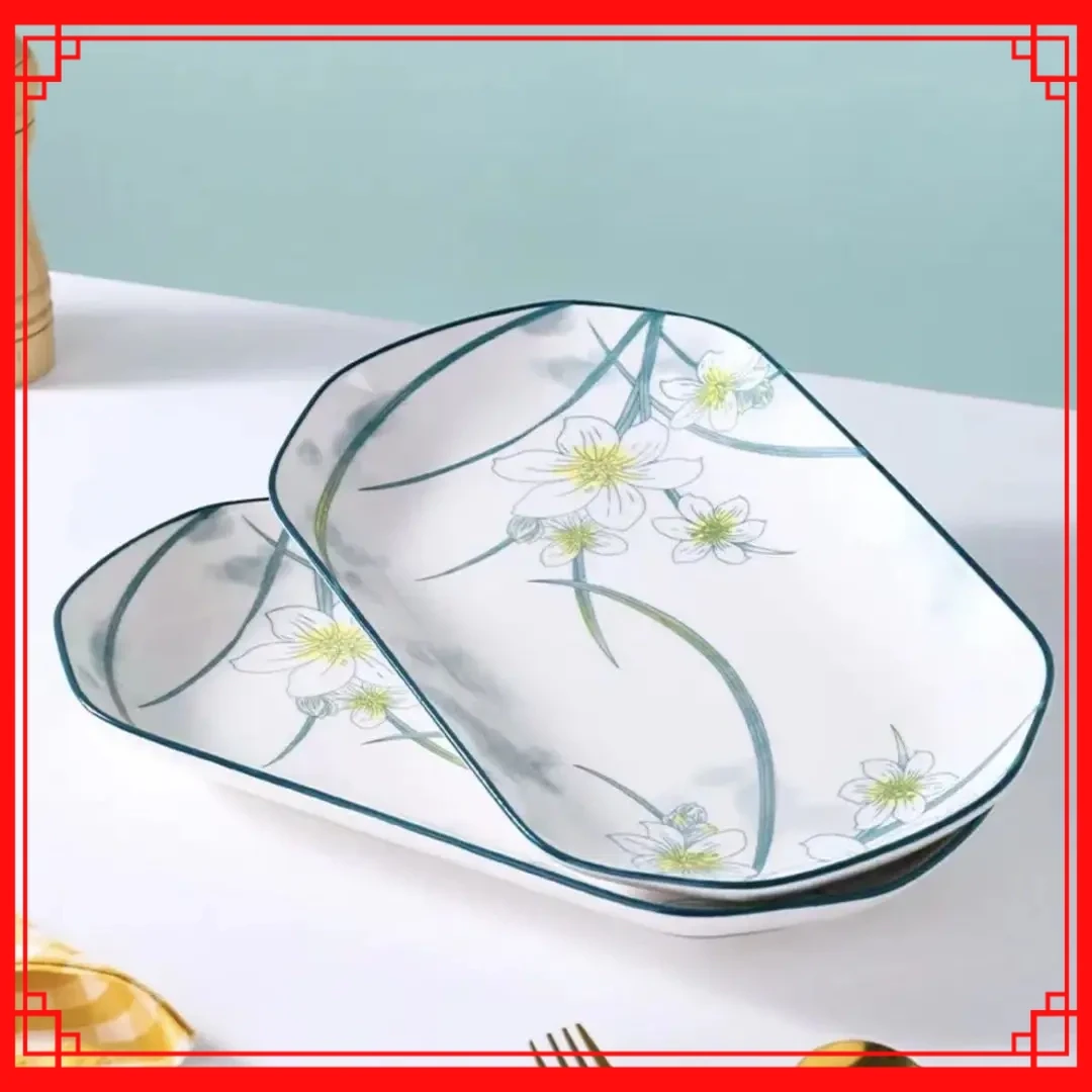 家用水仙花鱼盘陶瓷加大号长方形深鱼盘蒸烤全鱼盘子菜盘餐具D670