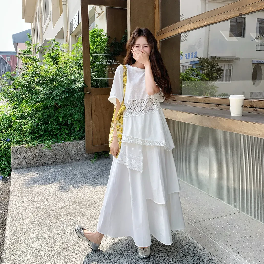 韩版镂空短袖半身裙套装女2025夏季新款设计感不规则A字裙两件套