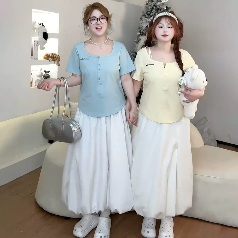 【6591桃】胖mm夏季短袖T恤遮肚子藏肉甜美多巴胺上衣百搭显瘦