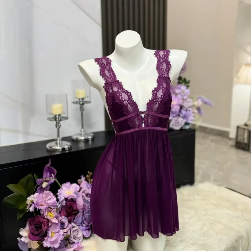深紫色蕾丝睡衣性感女纯欲风吊带法式睡裙家居服露背睡袍轻奢高级