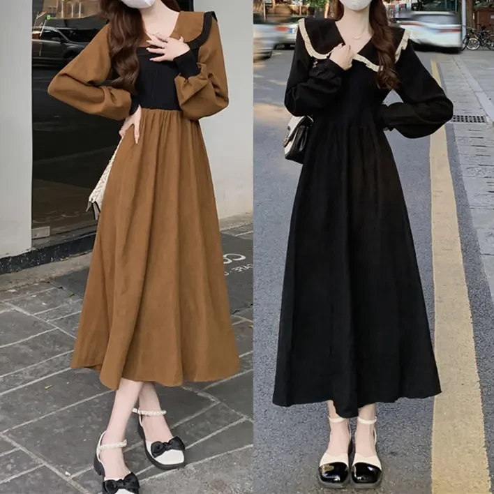 春秋新款2025新款显瘦减龄娃娃领拼接A字中长显瘦百搭连衣裙纯色