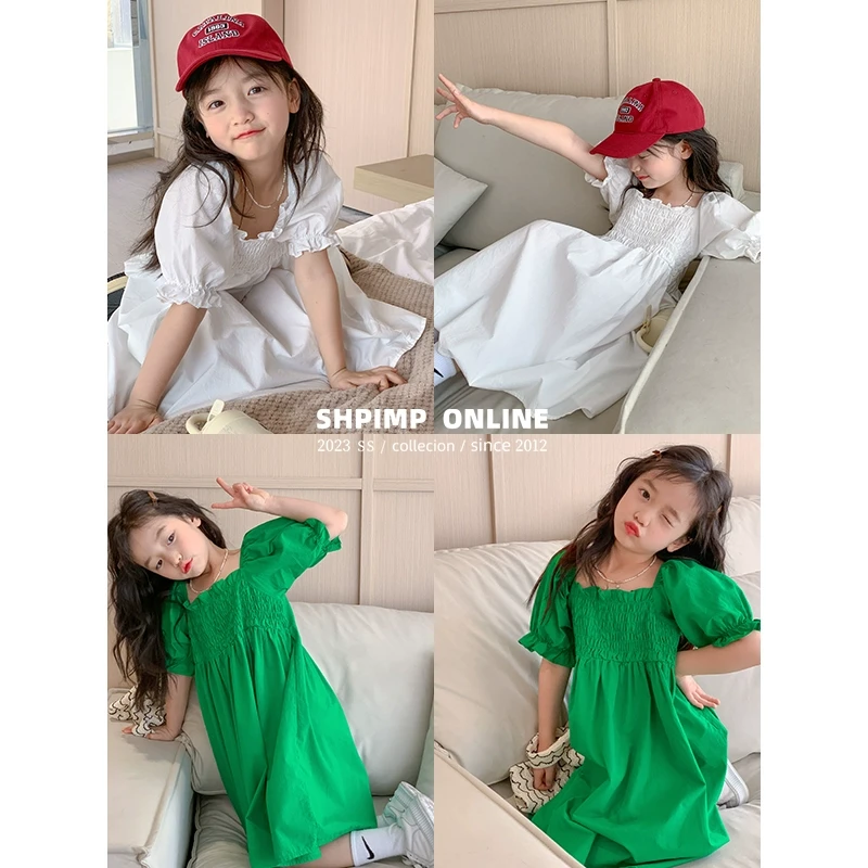 咸蛋小虾米韩国夏装女童方领短袖连衣裙儿童纯棉中长款长裙子