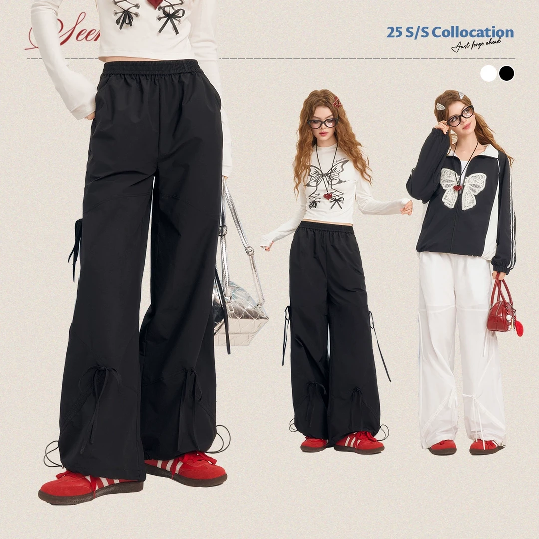 SEENFAAN盛放2025年春季新款系带装饰直通抽绳休闲裤女小众垂感