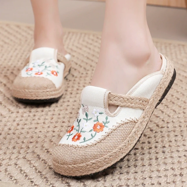 老北京布鞋女夏季透气亚麻包头半拖鞋外穿软底绣花鞋渔夫鞋大头鞋