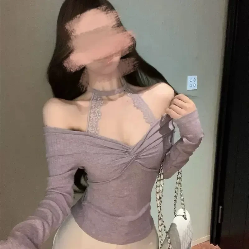 纯欲风一字肩蕾丝挂脖短款露肩春秋打底衫