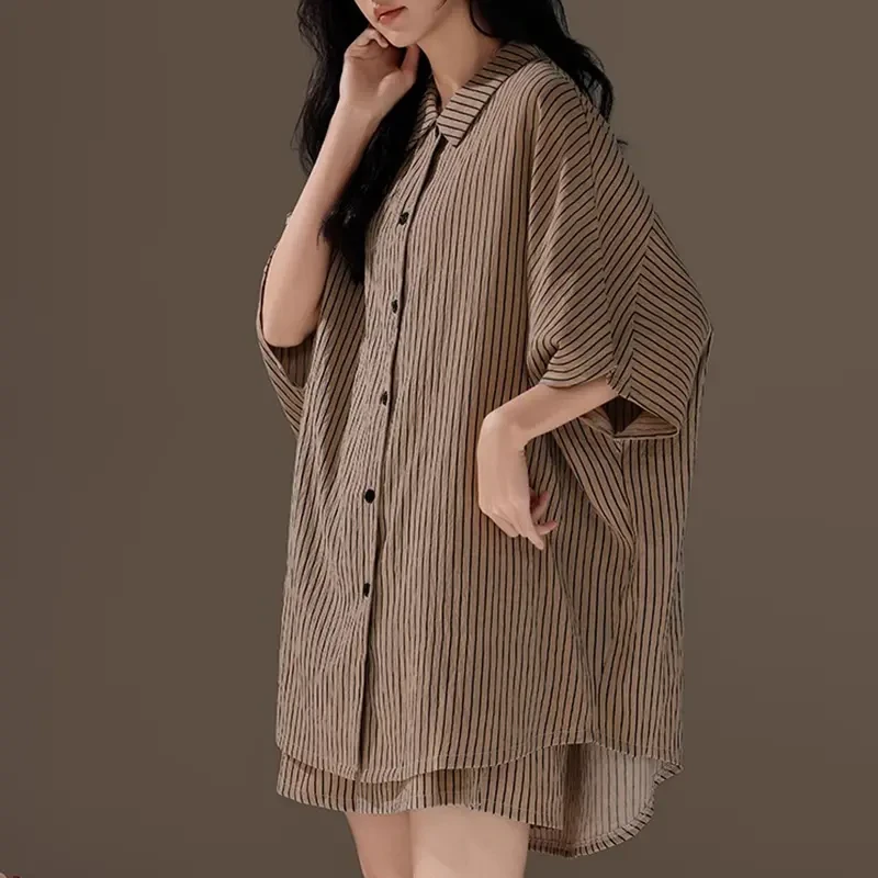 时尚条纹睡衣女夏季爆款五分袖中长款套装宽松修身休闲复古家居服