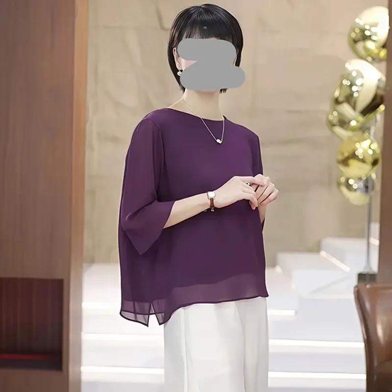 休闲风宽松时尚T恤女夏季新款慵懒风百搭纯色圆领中袖上衣MC2566