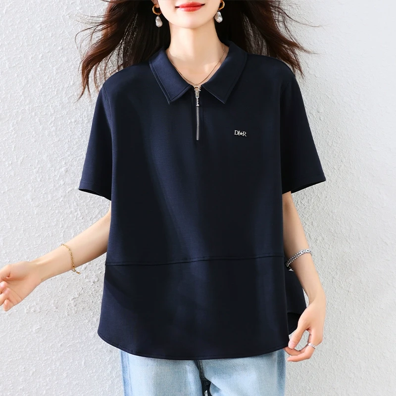 夏季2025藏青色短袖t恤女新款宽松时尚显瘦减龄大码正肩休闲上衣