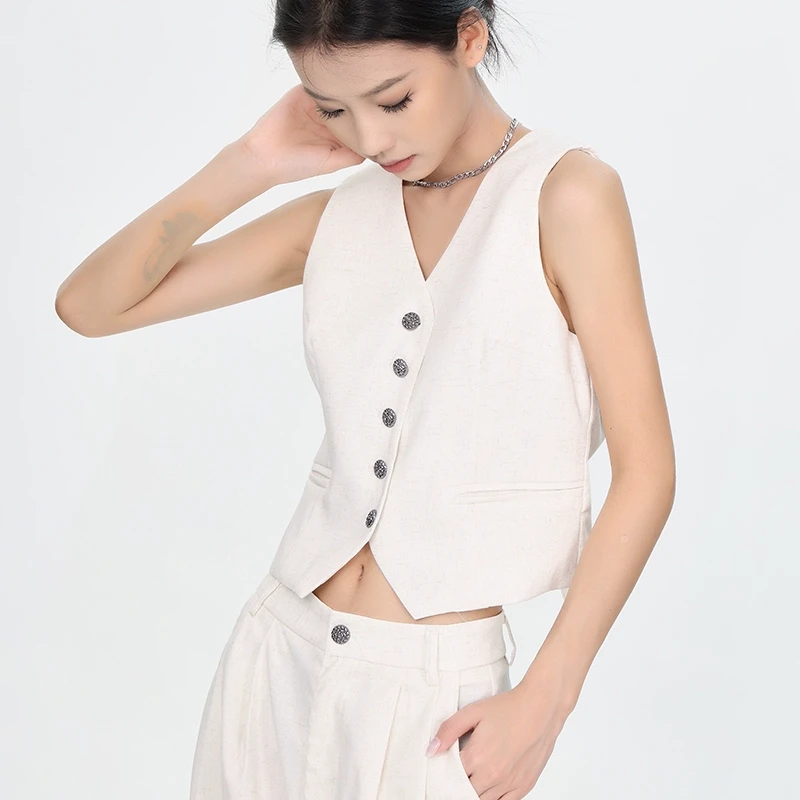 KEN STUDIO纯色V领薄款女背心夏季新款休闲短款西装无袖马甲上衣