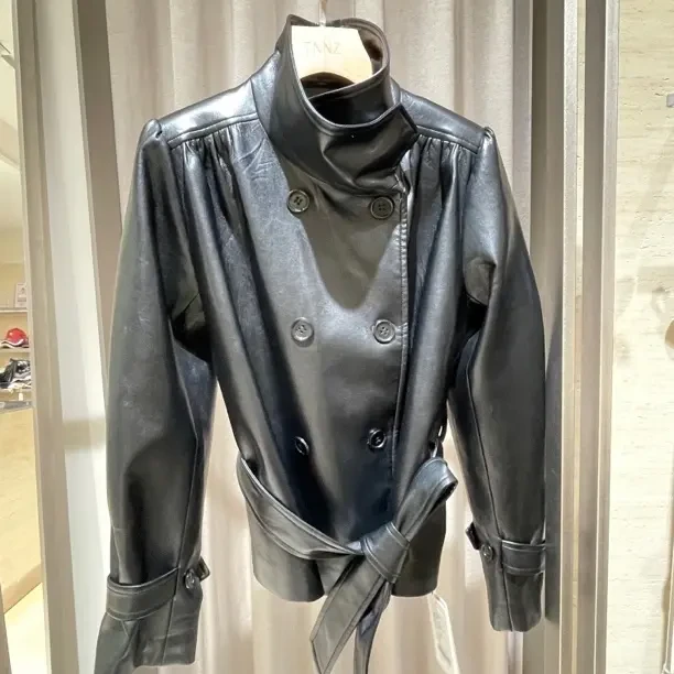 褶皱立领收腰显瘦皮衣外套女秋冬气质辣妹设计感短款夹克上衣潮