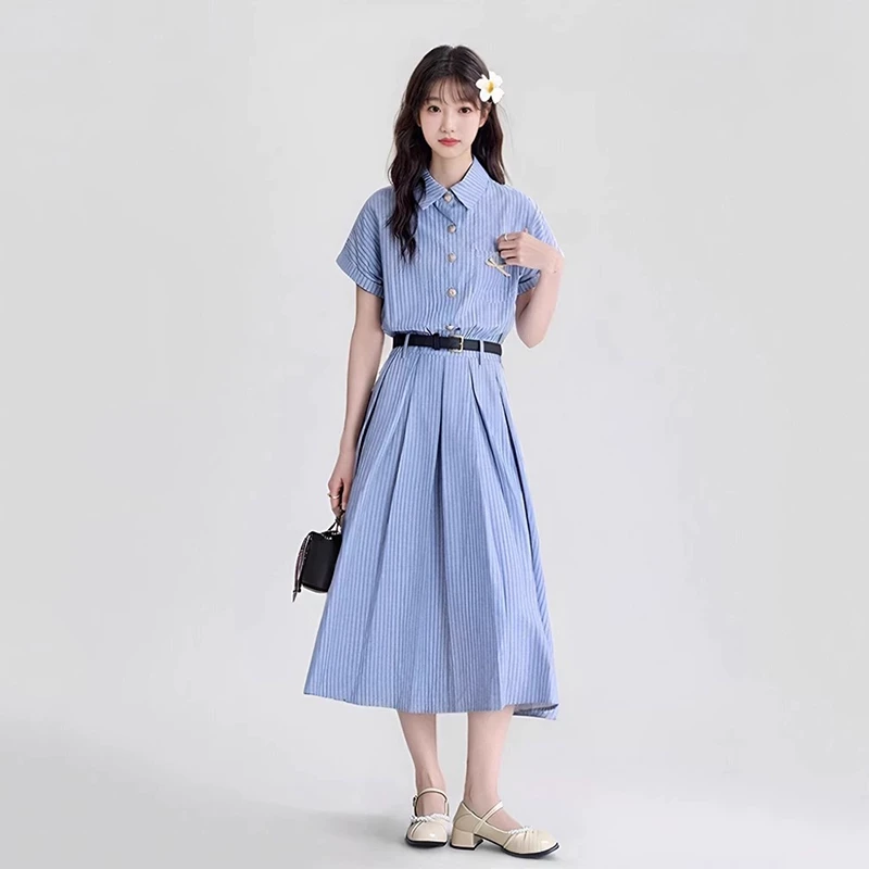 miu里miu气穿搭学院风条纹衬衫连衣裙女夏季文艺气质收腰A字长裙