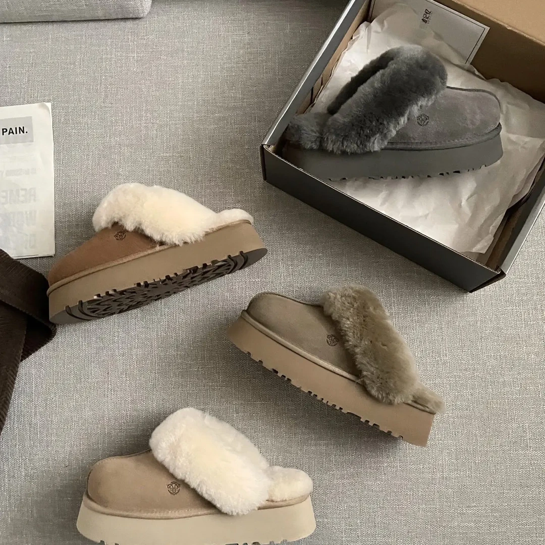 桑坡发货厚底冬季女士星拖保暖百搭包头拖鞋时尚网红毛拖