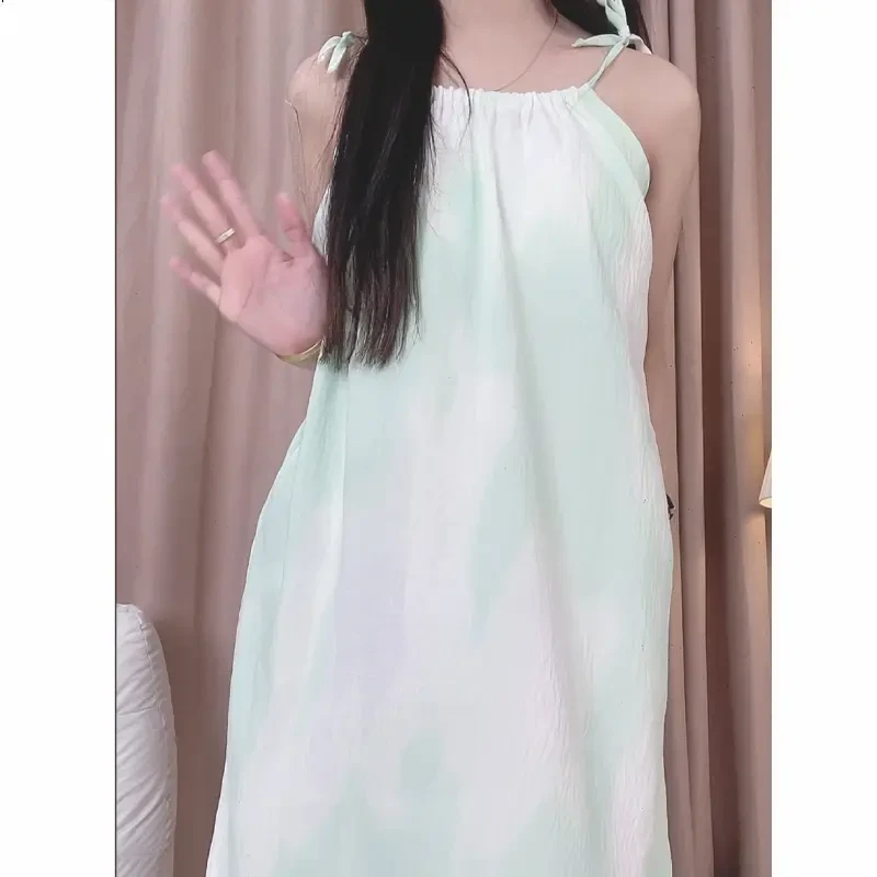 【渐变绿】吊带睡衣女带胸垫休闲时尚出片可外穿女士连衣裙睡裙