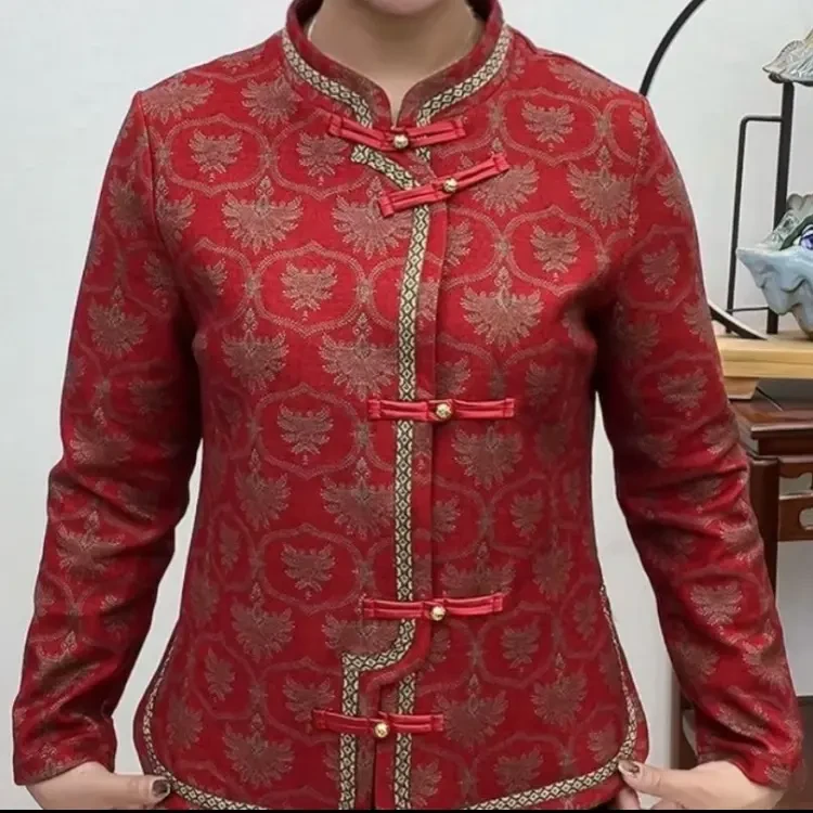 冬季加绒加厚复古国风中老年妈妈凤尾花开衫