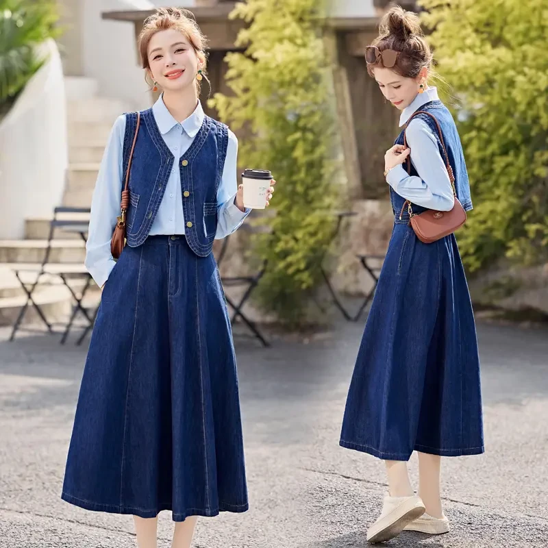 气质衬衫马甲牛仔套装女2025春季新款高级感洋气减龄半身裙三件套