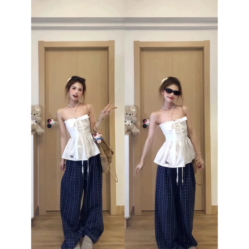 韩系通勤收腰花边抹胸吊带上衣复古格子休闲裤女慵懒风阔腿拖地裤