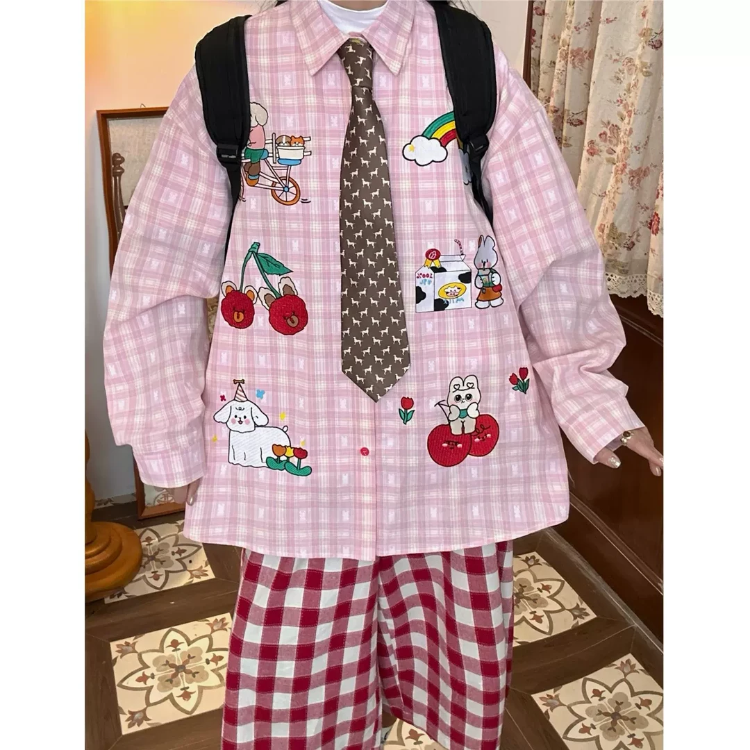 C2自制/2025春装新款粉色格纹樱桃衬衣女卡通刺绣格子长袖衬衫潮