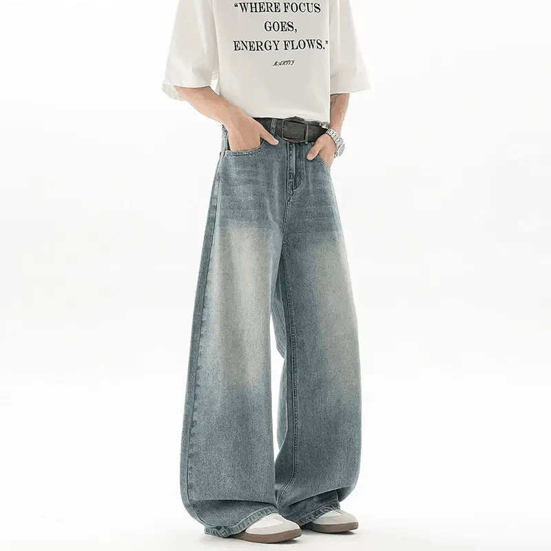 夏季美式cleanfit竹节纹牛仔裤弯刀宽松直筒复古男女同款阔腿裤子