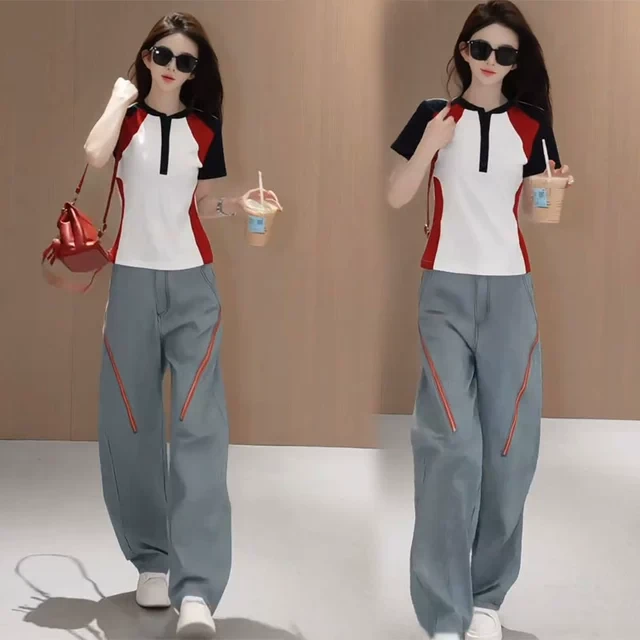 撞色设计半开领短袖t恤上衣斜拉链窄版阔腿裤两件套装女2025夏季