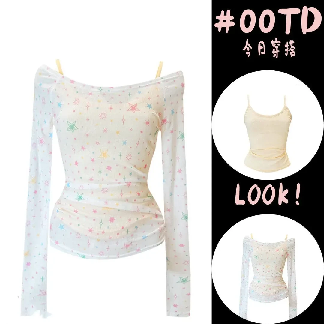 甜美星星印花长袖T恤女春秋季显瘦修身设计感小众一字肩上衣夏季