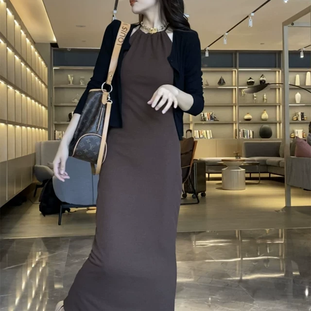 韩版时尚套装女秋季气质收腰显瘦包臀吊带连衣裙螺纹棉开衫两件套