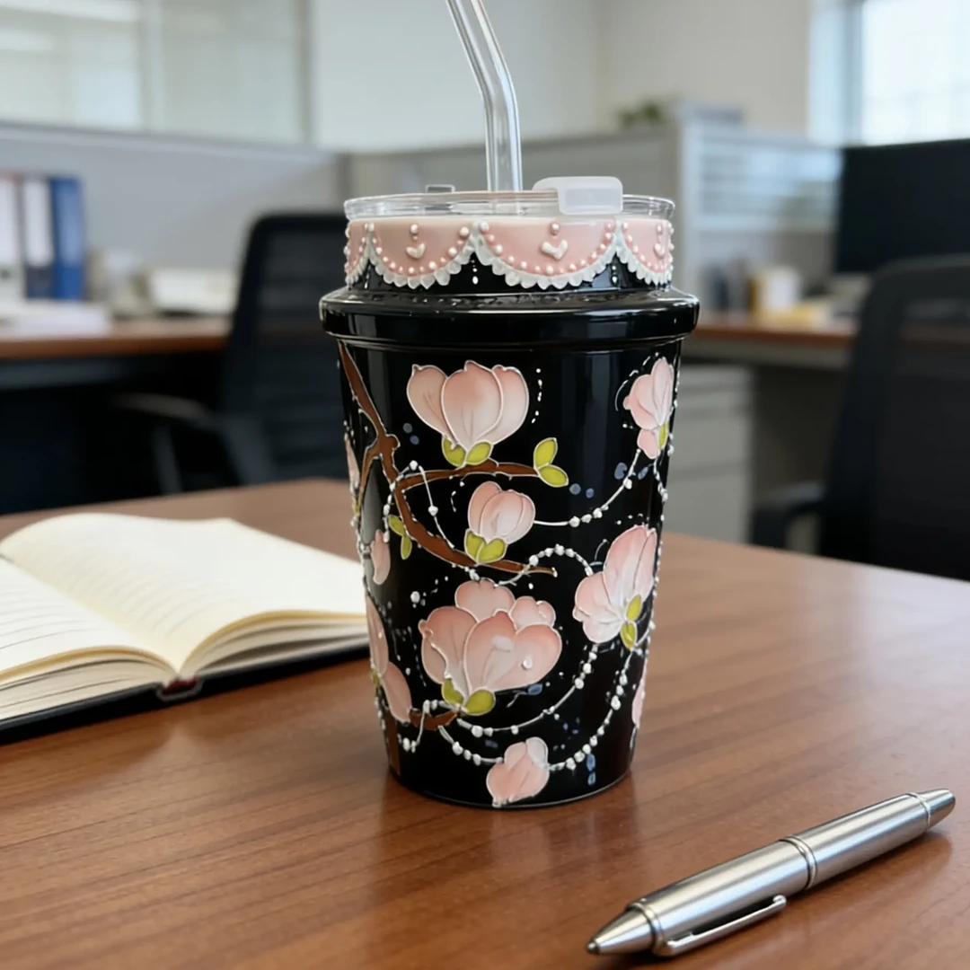 手绘釉下彩大容量玉泥随行杯吸管杯精致送礼玉兰花款