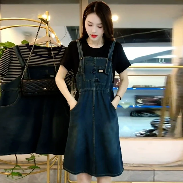纯棉时尚拼接牛仔连衣裙套装女2025夏季新款洋气显瘦减龄背带裙子