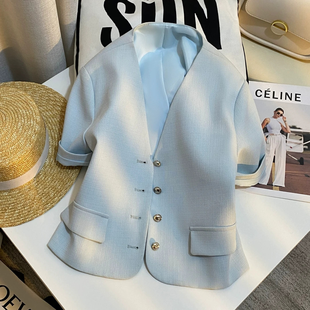 蓝色高级感显白气质小香风短外套女2025夏季新品V领百搭轻奢上衣