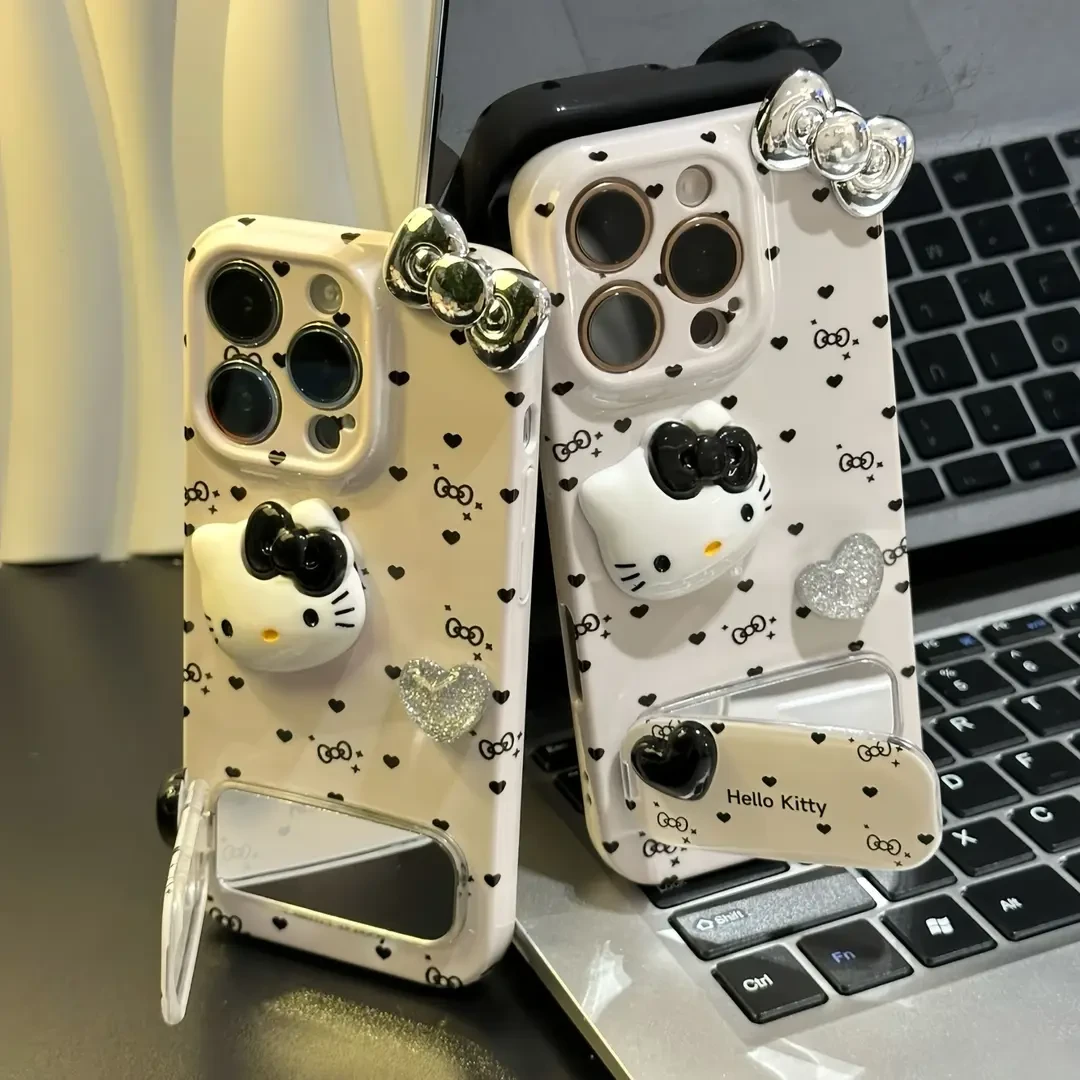 波点爱心kitty镜子支架适用苹果16promax手机壳华为vivo小米oppo