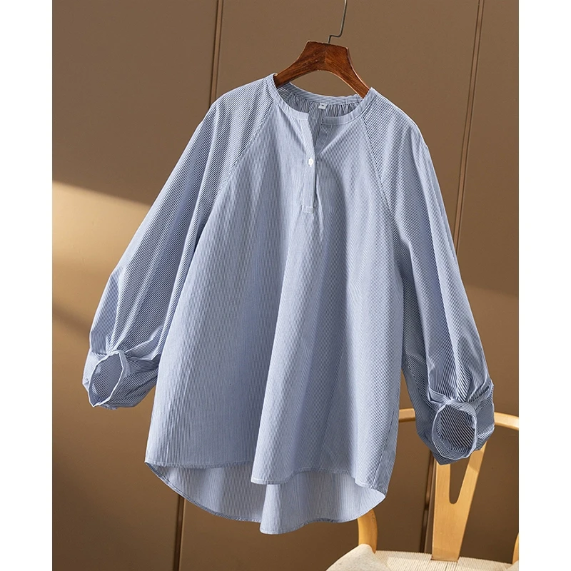 春天家 设计感纸片人 法G宽松大廓形纯棉圆领灯笼袖衬衫女9V93