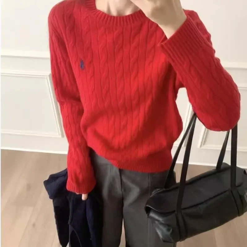 ins针织韩版纯色薄款刺绣常规圆领衫女士秋冬