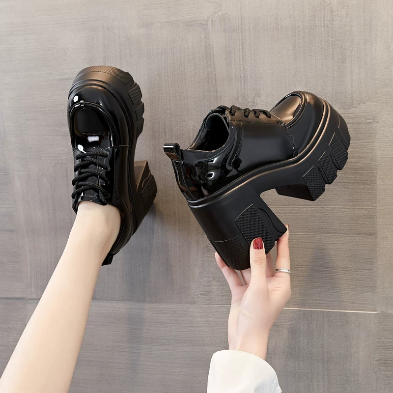 万达撤柜头层牛皮2025春秋增高12cm跟鞋女粗跟单鞋厚底英伦小皮鞋