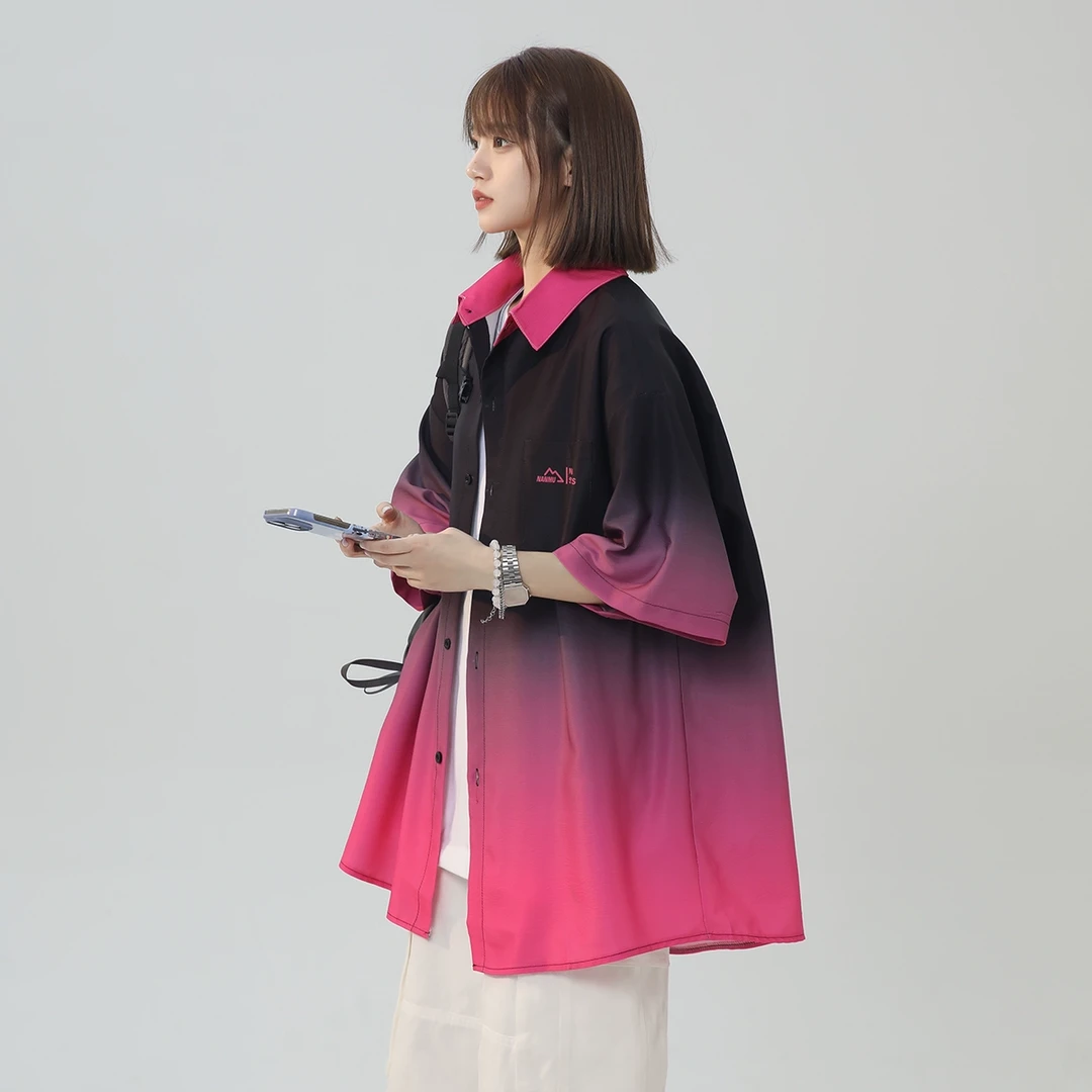 V37 美式撞色拼接短袖衬衫男女生夏季薄款潮牌设计感休闲衬衣外套