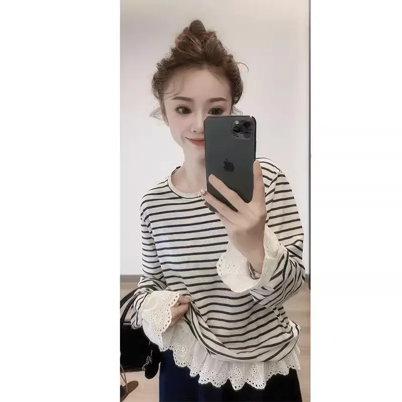 法式蕾丝花边拼接条纹长袖t恤女2025新款春季设计感小众宽松上衣