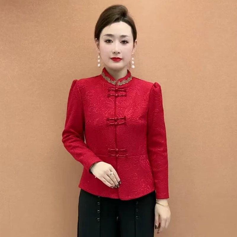 高端中老年妈妈加厚提花加绒保暖上衣本命年红色改良旗袍开衫外套