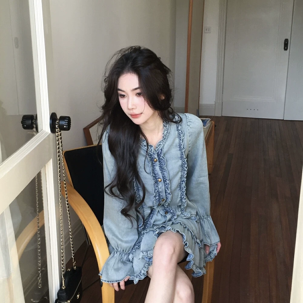 Cute Club 2025春季新款甜美风拼接牛仔长袖衬衫宽松休闲百搭上衣